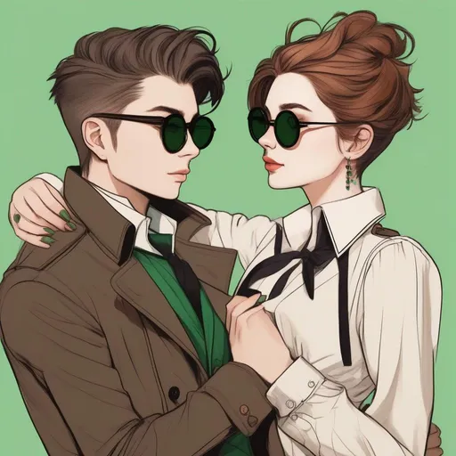 Prompt: full body shot shot of a young {man} with moderate length brown pompadour hair and pale skin, wearing a dark brown trench jacket and white collared shirt with a plack tie, black pants and black boots, round glasses, green shades with emerald lenses, handsome; he is hugging a petite woman with very short chestnut pixie undercut and tannedskin. rpg art. Star trek art. 2d art. 2d