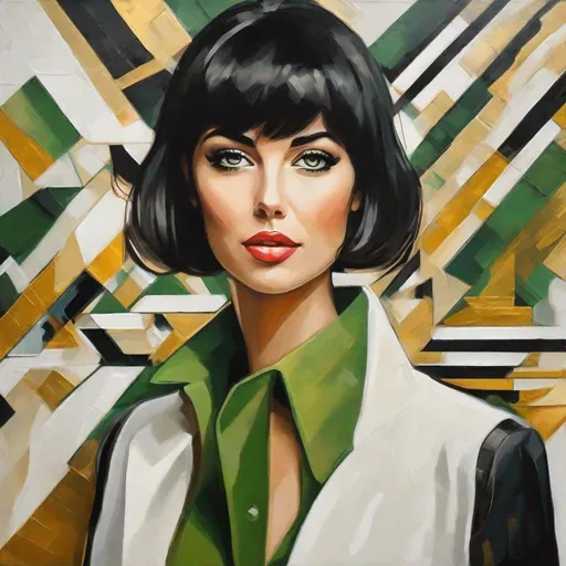 Prompt: Full Portrait. High Resolution Image, 4k Definition, Oil Painting On Canvas, Textures Of White, Off White, Gold And Copper And Some Dark Gray To Appear Like Grease. Stunning Brunette Woman,With Short Pitch Black Straight Hair With Bangs, Green Eyes. Dream Come True, She Is Staring At You… Background Has Geometric Shapes Kandinsky Style