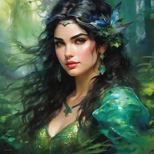 Prompt: fantasy book cover, a black haired mermaid princess with brown highlights in her very short messy wavy bob hair, mermaid fae, tall and willowy and pretty, soft freckles, big large green eyes, pointed ears, intricate blue and green gown, pointy ears, iron palace gray metal, landscape beautiful pine forest, fishlail, Carne Griffiths, Michael Garmash, Frank Frazetta, Castle Background, Victo Ngai, Detailed, Vibrant, Sharp Focus, Character Design, Wlop, Kuvshinov, Character Design, TXAA, 32k, Highly Detailed, Dynamic Pose, Intricate Motifs, Organic Tracery, Perfect Composition, Digital Painting, Artstation, Smooth, Sharp Focus, Illustration, hyperdetailed, greg rutkowski