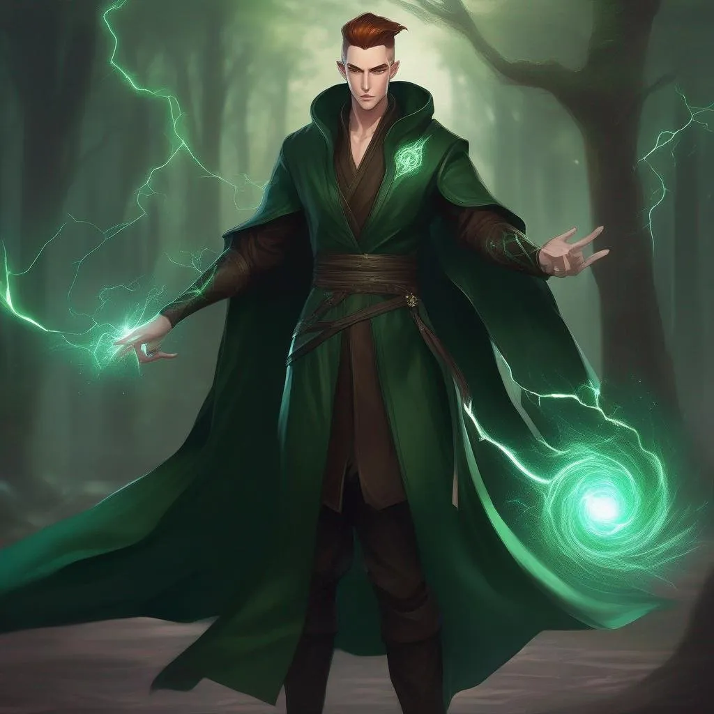 Prompt: A tall huge slender male mage in dark green robes with runes, with very short extremely deep dark brown slicked back pompadour undercut with dark ginger highlights and shaved sides, very pale milky skin. He fights with a magic staff and makes magical lightning bursts, potions on his belt, soft feminine body features. Smooth skin, detailed, well drawn face. Rpg art. 2d art. 2d.