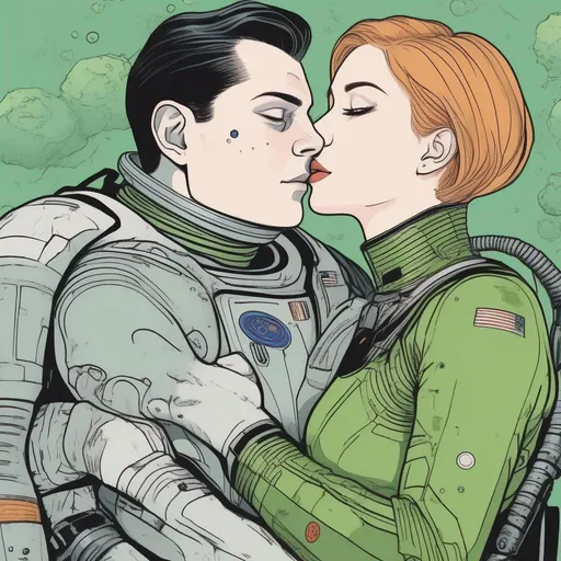 Prompt: a (man with pale skin) and very (short brown slicked back pompadour undercut), green eyes, scarred face, wearing a futiristic black space suit; hugging a (green woman) with very green skin and short (jet (black)) messy wavy (bob hair) haircut, (she has green skin), green face with green skin, green skin, (green female) with green skin colour, (green skinned girl), (her skin is green), she wears a futiristic entirely black space srmour. Ghost in the shell art. Masamune Shirow art. anime art. Leiji Matsumoto art. Akira art. Otomo art. 2d. 2d art.