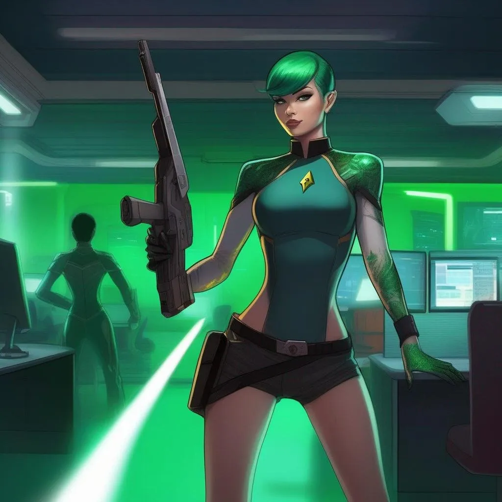 Prompt: a slender woman orion enforcer. green skin. tatoos on shoulders. She aims with a phaser gun. sneaky behavior. In background a scifi office. Star trek art. Rpg art. anime art. 2d. 2d art.