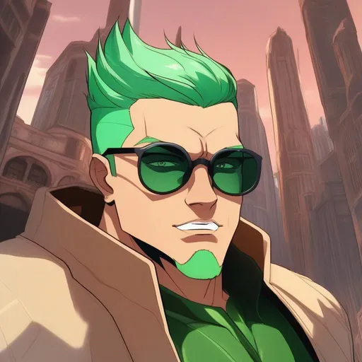 Prompt: highest quality anime art masterpiece, digital drawing, tall muscular bulky caucasian male sorcerer, wearing mage mantle, suideburns, very short brown slicked back pompadour undercut hair with shaved sides:vistani, wearing (round glasses), green sunshades with round emerald lenses, green (round) sunglasses, dark female makeup, melancholic, in a forest on a dark foggy night, big sad slant brown eyes, pale milky skin:2, waxing moon, round shaven face, broad cheeks, ethereal, trimmed face, highres, realistic, highly detailed, fantasy, european, irish, D&D, 2d art by James Gurney,