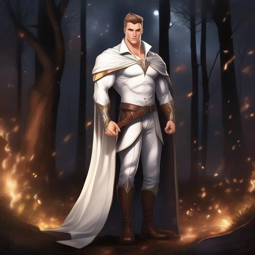 Prompt: full body image, highest quality anime art masterpiece, digital drawing, tall muscular bulky caucasian male sorcerer casting magic, wearing mantle, with suideburns, very short brown slicked back pompadour undercut hair with shaved sides:vistani, melancholic, in a forest on a dark foggy night, big sad slant brown eyes, pale milky skin:2, waxing moon, round shaven face, broad cheeks, ethereal, trimmed face, highres, realistic, highly detailed, fantasy, european, irish, D&D, Ravenloft, by Ilya Kuvshinov