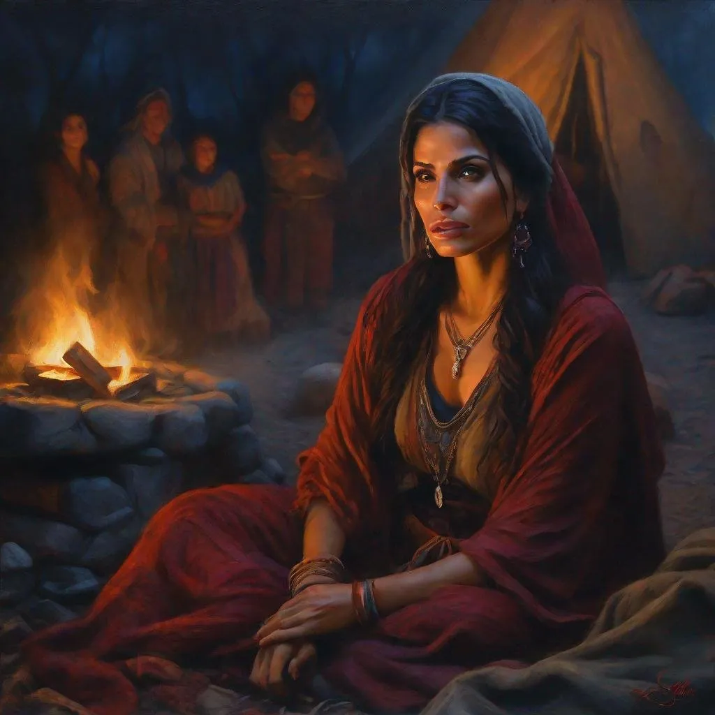 Prompt: fantasy art, oil painting, a blend of morena baccarin and sarah shahi, as a chanting gypsy woman, in a dark gypsy camp near camp fire, roma attire, foggy night, dreadful dark and moody atmosphere, frightened and concerned expression, close up, cinematic, dramatic, highres, detailed, D&D, DnD, Pathfinder, Ravenloft, Vistani, fantasy, by Clyde Caldwell,