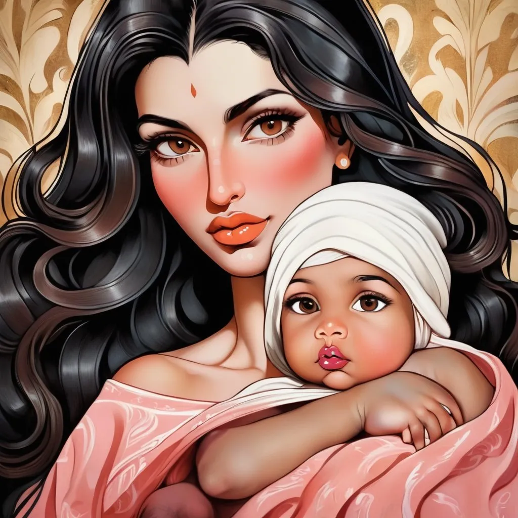 Prompt: Luxurious imperatrice, neo-fauvist screenprint. armeinian buxom female with huge big long hooked aquiline arabian nose,round face, broad cheeks, brown eyes, long black wavy hair, mocha skin, Beautiful, full pouty thick pumped lips, peachy lipstick holding her baby son, extremely detailed 