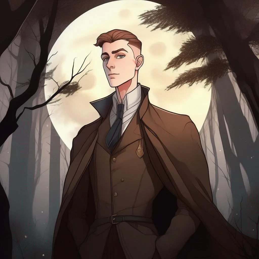 Prompt: highest quality anime art masterpiece, digital drawing, slender slim skinny androgynous caucasian bald male sorcerer wearing mantle, with freckles very short brown slicked back pompadour undercut hair with shaved sides:vistani, melancholic, in a forest on a dark foggy night, big sad slant brown eyes, pale milky skin:2, waxing moon, round shaven face, broad cheeks, ethereal, trimmed face, highres, realistic, highly detailed, fantasy, european, irish, D&D, Ravenloft, by Ilya Kuvshinov