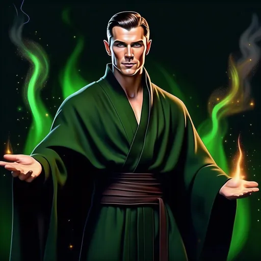 Prompt: detailed character, full body portrait of a muscular male sorcerer, round face, broad cheeks, extremely short brown slicked back pompadour undercut, green eyes smirking, wearing dark green wizard robes, on smoky blurred background, star wars art. 2d art. 2d, completely matte,