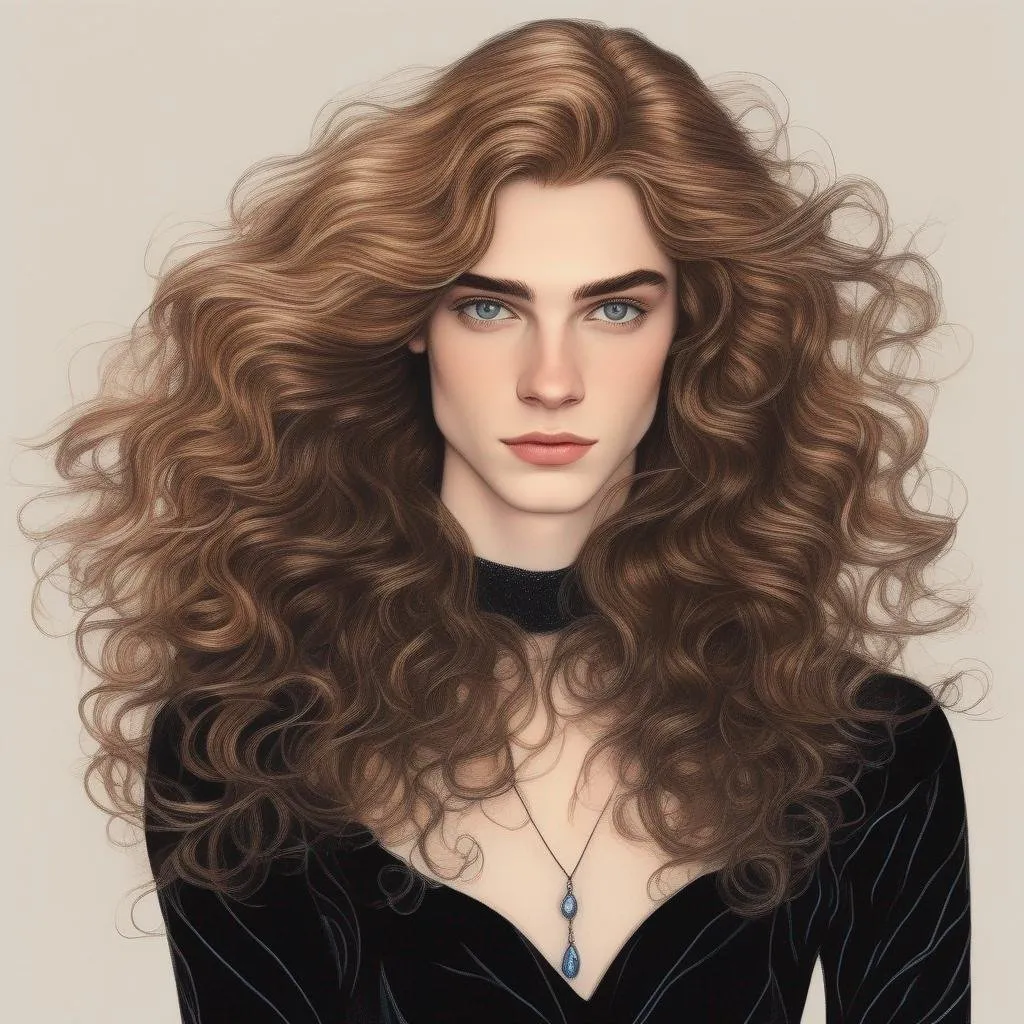 Prompt: waist up Disney art of a long haired extremely feminine androgynous teenage masculine male with full makeup in a skintight black catsuit, freckles, in style of drawing art using aspects of lore of a beautiful young man with long brown wavy hair as Cinderella 