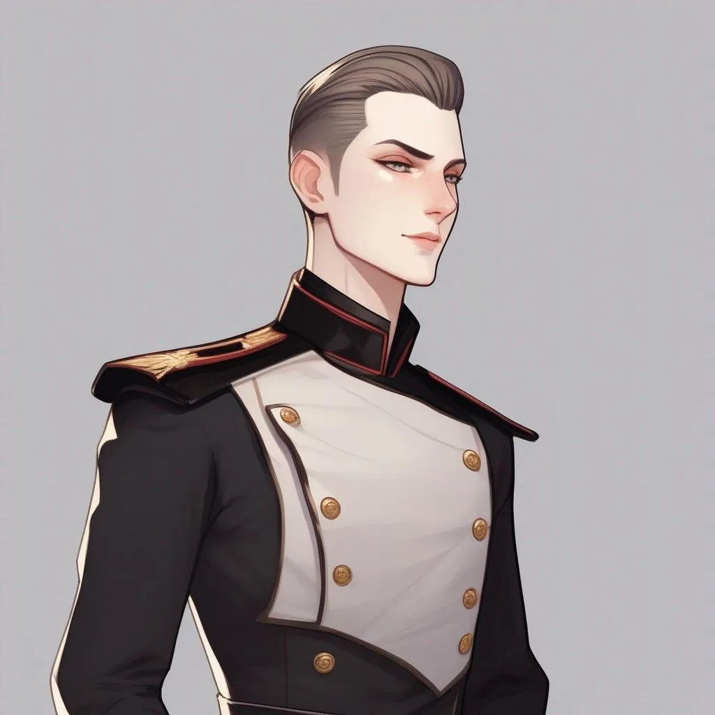 Prompt: A portrait of a Full body of a male humanoid with a pale skin tone and a very short brown slicked back pompadour undercut with trimmed sides and chestnut highlights, green glowing eyes, scarred face, He wears a futiristic entirely jet black parade uniform. soft feminine body features. Smooth skin, detailed, well drawn face. Rpg art. 2d art. 2d.