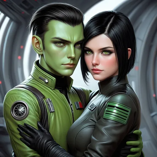 Prompt: A green skinned scifi green female with green skin, she has short black bob hair, well drawn green face, uniform, her skin is green, she has green skin. hugging with a Handsome caucasian male scifi pilot with very short slicked back (brown) pompadour undercut hair, fully dark entirely jet black leather jacket. green eyes, his skin is normal pale. detailed. star wars art. 2d art. 2d