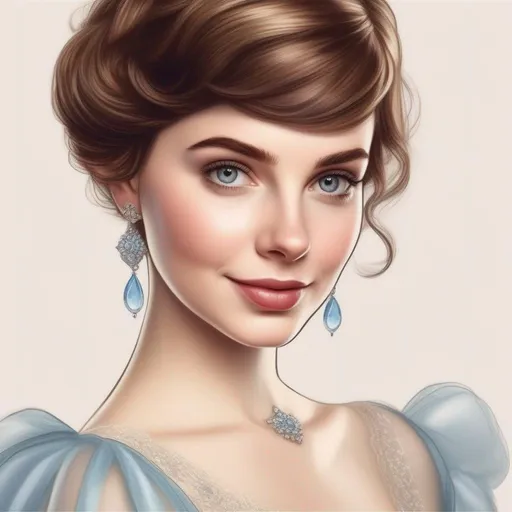 Prompt: Please create an Disney art of a short haired woman inn style of a drawing using aspects of lore of a beautiful young woman with very short brown pixie hair as Cinderella