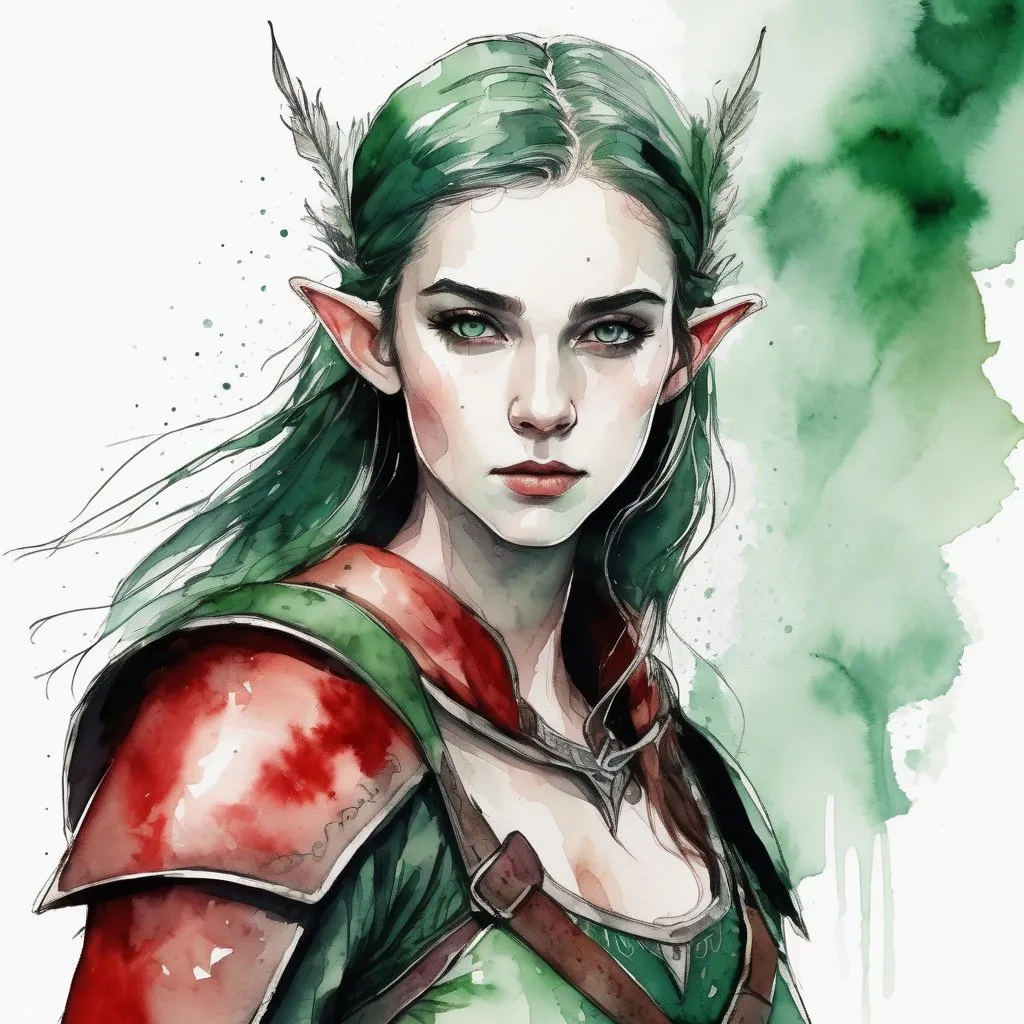 Prompt: Ultra realistic photo portrait of a very young beautiful attractive teenage female elf warrior queen in watercolor style, minimalist, elegant, white background, black lines, green shades, red tones, thick bold Rotring lines, capturing strength and fantasy, powerful and artistic portrayal, focusing entirely on the character, no additional elements, watercolor illustration.