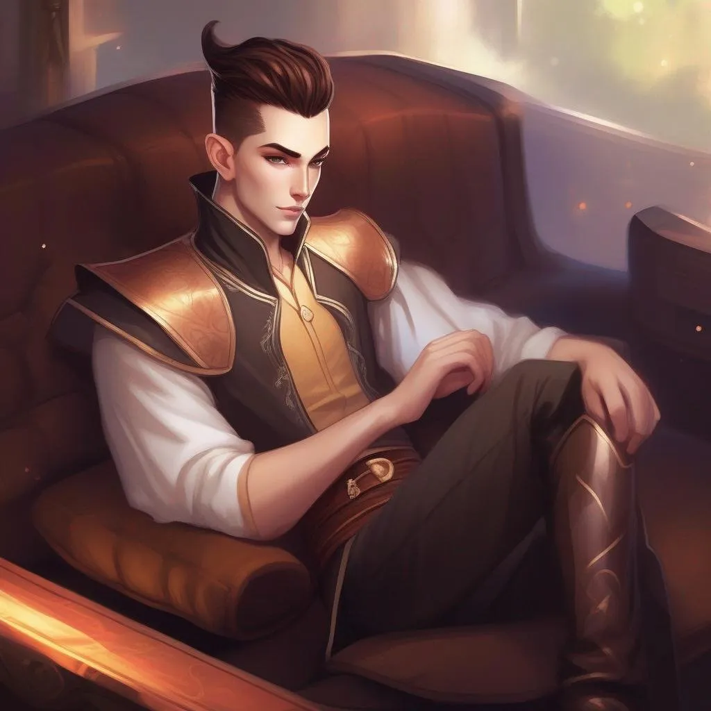 Prompt: A young elf mage with very short 
 extremely deep dark brown slicked back pompadour undercut with ginger highlights and shaved sides, very pale milky skin. He swings a magic staf, has a sword on the left side and sits on a couch. soft feminine body features. Smooth skin, detailed, well drawn face. Rpg art. 2d art. 2d.