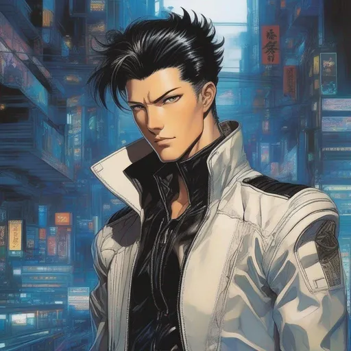 Prompt: An adult man, male scifi pilot. He has extremely short slicked back brown pompadour undercut haircut with trimmed whiskers. birthmarks, futiristic fully dark entirely jet black leather jacket. Handsome. well drawn face. emerald cat eyes, detailed. Ghost in the shell art. Masamune Shirow art. anime art. Leiji Matsumoto art. Akira art. Otomo art. 2d. 2d art.