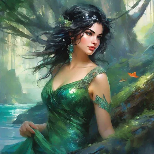 Prompt: fantasy book cover, a black haired mermaid princess with brown highlights in her very short messy wavy bob hair, mermaid fae, tall and willowy and pretty, soft freckles, big large green eyes, pointed ears, intricate blue and green gown, pointy ears, iron palace gray metal, landscape beautiful pine forest, fishlail, Carne Griffiths, Michael Garmash, Frank Frazetta, Castle Background, Victo Ngai, Detailed, Vibrant, Sharp Focus, Character Design, Wlop, Kuvshinov, Character Design, TXAA, 32k, Highly Detailed, Dynamic Pose, Intricate Motifs, Organic Tracery, Perfect Composition, Digital Painting, Artstation, Smooth, Sharp Focus, Illustration, hyperdetailed, greg rutkowski