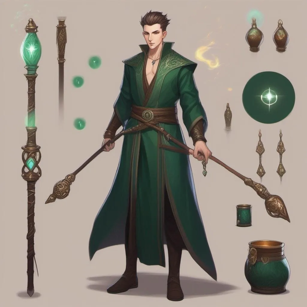 Prompt: A tall slender male mage in dark green robes with glyphs, with very short extremely deep dark brown slicked back pompadour undercut with dark ginger highlights and shaved sides, very pale milky skin. He fights with a magic staff and casts magic spells, potions on his belt, soft feminine body features. Smooth skin, detailed, well drawn face. Rpg art. 2d art. 2d.