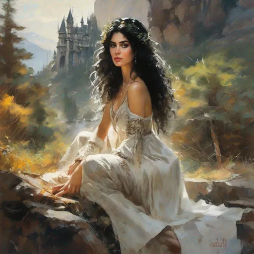 Prompt: fantasy book cover, a black haired pale persian buxom woman with long wavy messy hair, which, tall and willowy and pretty, soft freckles, big large brown eyes, enchantress, intricate brown and white dress, wearing old attire, iron palace gray metal, landscape beautiful pine forest, Carne Griffiths, Michael Garmash, Frank Frazetta, Castle Background, Victo Ngai, Detailed, Vibrant, Sharp Focus, Character Design, Wlop, Kuvshinov, Character Design, TXAA, 32k, Highly Detailed, Dynamic Pose, Intricate Motifs, Organic Tracery, Perfect Composition, Digital Painting, Artstation, Smooth, Sharp Focus, Illustration, hyperdetailed, greg rutkowski