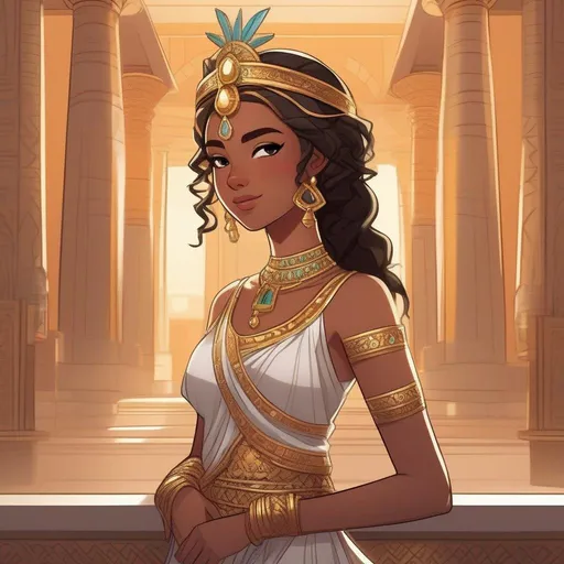 Prompt: Dynamic pose. Whole body. Full figure. A young queen. Cute. Well drawn face. detailed. She wears a double tiara. In background a Lively room in an Ancient egyptian palace. rpg art. rpg illustration. Dynamic pose. 2d art. 2d.