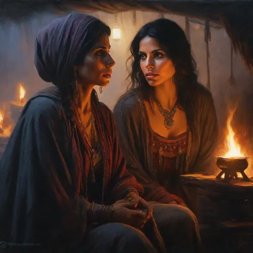 Prompt: fantasy art, oil painting, a morph of morena baccarin with sarah shahi, as a chanting gypsy woman, in a dark gypsy camp near camp fire, roma attire, foggy night, dreadful dark and moody atmosphere, frightened and concerned expression, close up, cinematic, dramatic, highres, detailed, D&D, DnD, Pathfinder, Ravenloft, Vistani, fantasy, by Clyde Caldwell,