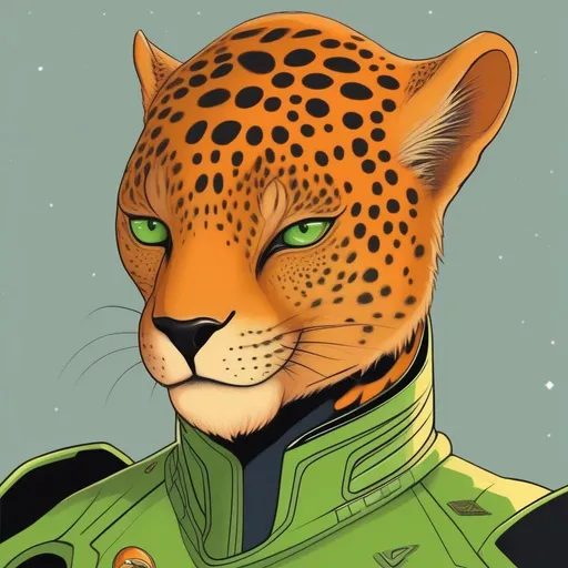 Prompt:  A 33 years old alien of a star trek jaguar race. Vaguely humanoid. He has shot orange fur and a white skin. He wears a scifi uniform and has green lizard eyes. Detailed, well draw face, Smooth skin. rpg art. Star trek art. 2d art. 2d, color drawing