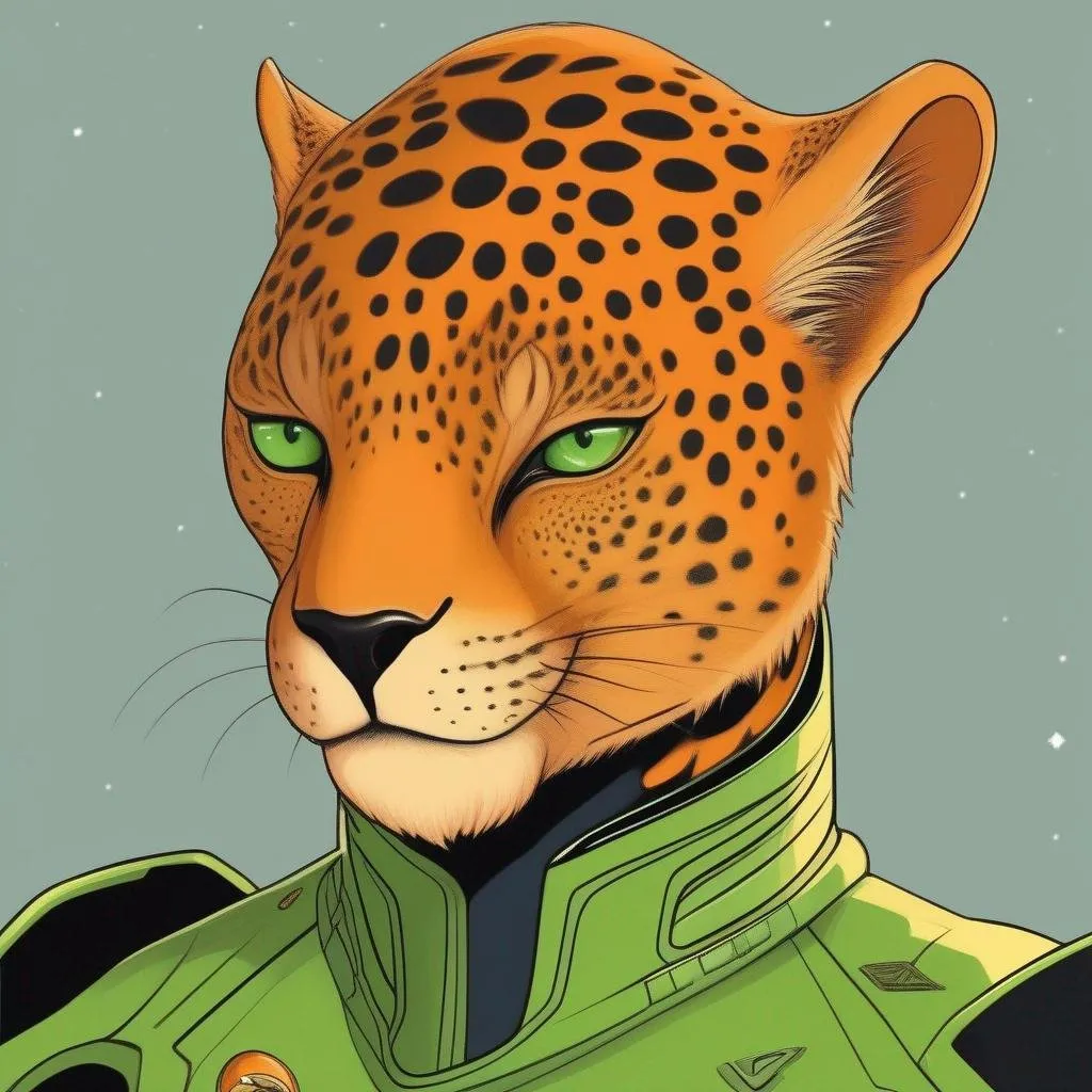 Prompt:  A 33 years old alien of a star trek jaguar race. Vaguely humanoid. He has shot orange fur and a white skin. He wears a scifi uniform and has green lizard eyes. Detailed, well draw face, Smooth skin. rpg art. Star trek art. 2d art. 2d, color drawing
