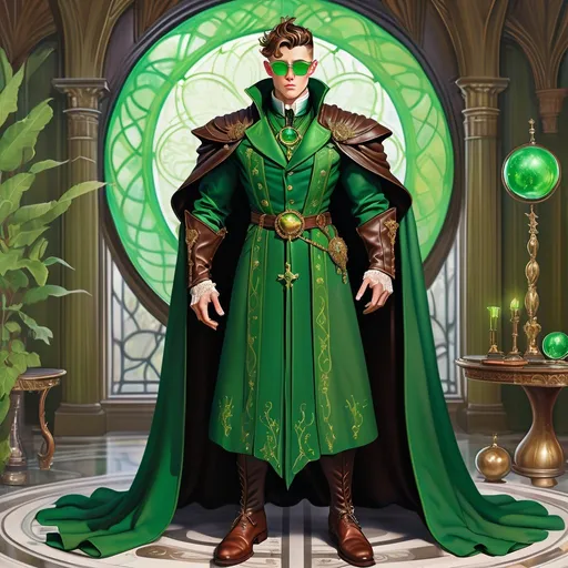 Prompt: a dynamic full body portrait of an irish adult beautiful handsome brown haired man, very short slicked back pompadour undercut with shaved sides and chestnut wisps, wearing a dark sorcerer mantle and round glasses, green mirror shades with emerald lenses round face, broad cheeks, dressed, muscular, intricate, sharp focus, in the style of Ivan Bilibin, Ernst Haeckel, Daniel Merriam, watercolor and ink