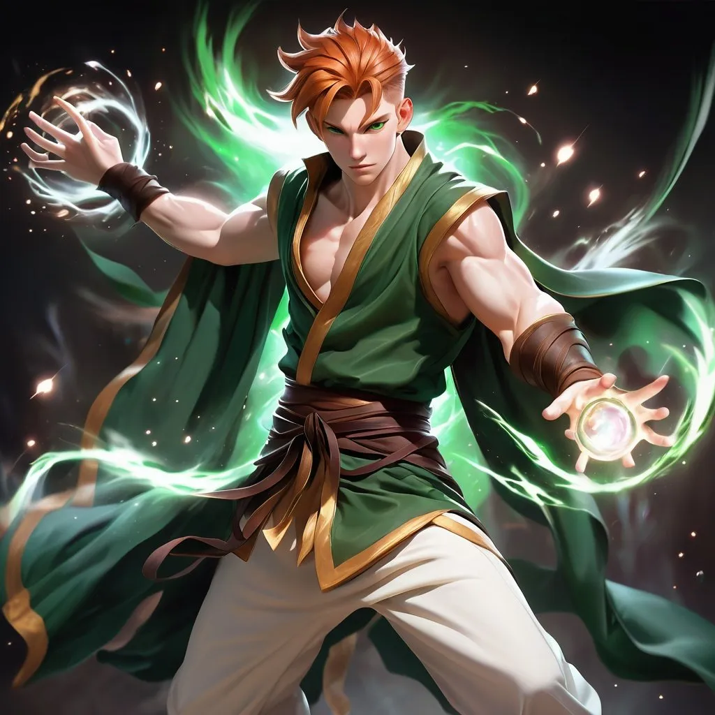 Prompt: a dynamic waist up drawing of an athletic, dressed adult slender skinny male mage in movement, wearing a dark green wizard robe with a cape, loincloth, white shirt underneath, very short extremely deep dark brown slicked back pompadour undercut with dark ginger highlights and shaved sides, very bright and pale milky skin. He fights with a wooden magic staff with a crystal and shoots magical pulses in motion, in rage, soft feminine body features, rising, athlete, scarred face, Smooth skin, detailed face, well drawn face. Rpg art. 2d art. 2d.