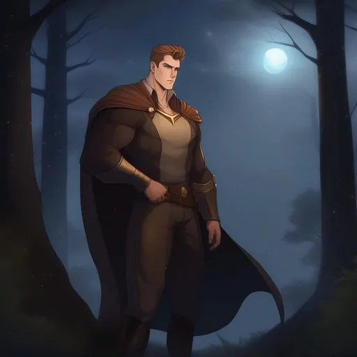 Prompt: waist up immage, highest quality anime art masterpiece, digital drawing, tall muscular bulky caucasian male sorcerer casting magic,  wearing mantle, with freckles very short brown slicked back pompadour undercut hair with shaved sides:vistani, melancholic, in a forest on a dark foggy night, big sad slant brown eyes, pale milky skin:2, waxing moon, round shaven face, broad cheeks, ethereal, trimmed face, highres, realistic, highly detailed, fantasy, european, irish, D&D, Ravenloft, by Ilya Kuvshinov