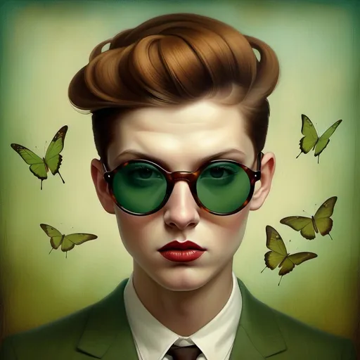 Prompt: What lies beneath my scarry thoughs, the insecurities obscured by the beautiful face, the beauty varnish that others see and it's not all, a dark chesnut haired male wearing green round sunglasses with very short slicked back pompadour undercut hair, art by Christian Schloe, Gabriel Pacheco