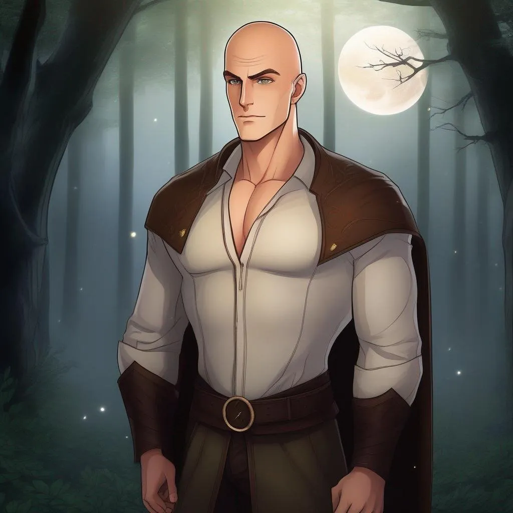 Prompt: highest quality anime art masterpiece, digital drawing, tall muscular caucasian bald male sorcerer wearing mantle, with freckles very short brown slicked back pompadour undercut hair with shaved sides:vistani, melancholic, in a forest on a dark foggy night, big sad slant brown eyes, pale milky skin:2, waxing moon, round shaven face, broad cheeks, ethereal, trimmed face, highres, realistic, highly detailed, fantasy, european, irish, D&D, Ravenloft, by Ilya Kuvshinov