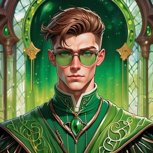 Prompt: portrait of an irish adult beautiful handsome brown haired man, very short slicked back pompadour undercut with shaved sides and chestnut wisps, wearing a sorcerer mantle and round glasses, green mirror shades with emerald lenses round face, broad cheeks, muscular, intricate, sharp focus, in the style of Ivan Bilibin, Ernst Haeckel, Daniel Merriam, watercolor and ink