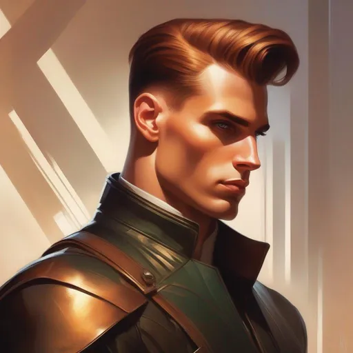 Prompt: A masculine scifi european cyborg soldier. very short bright brown slicked back pompadour undercut hair with shawed sides and light chestnut highlights, round face, broad cheeks, glowing eyes, wearing a black retro futuristic leather jackett with borg armour underneath, artgerm greg rutkowski mucha