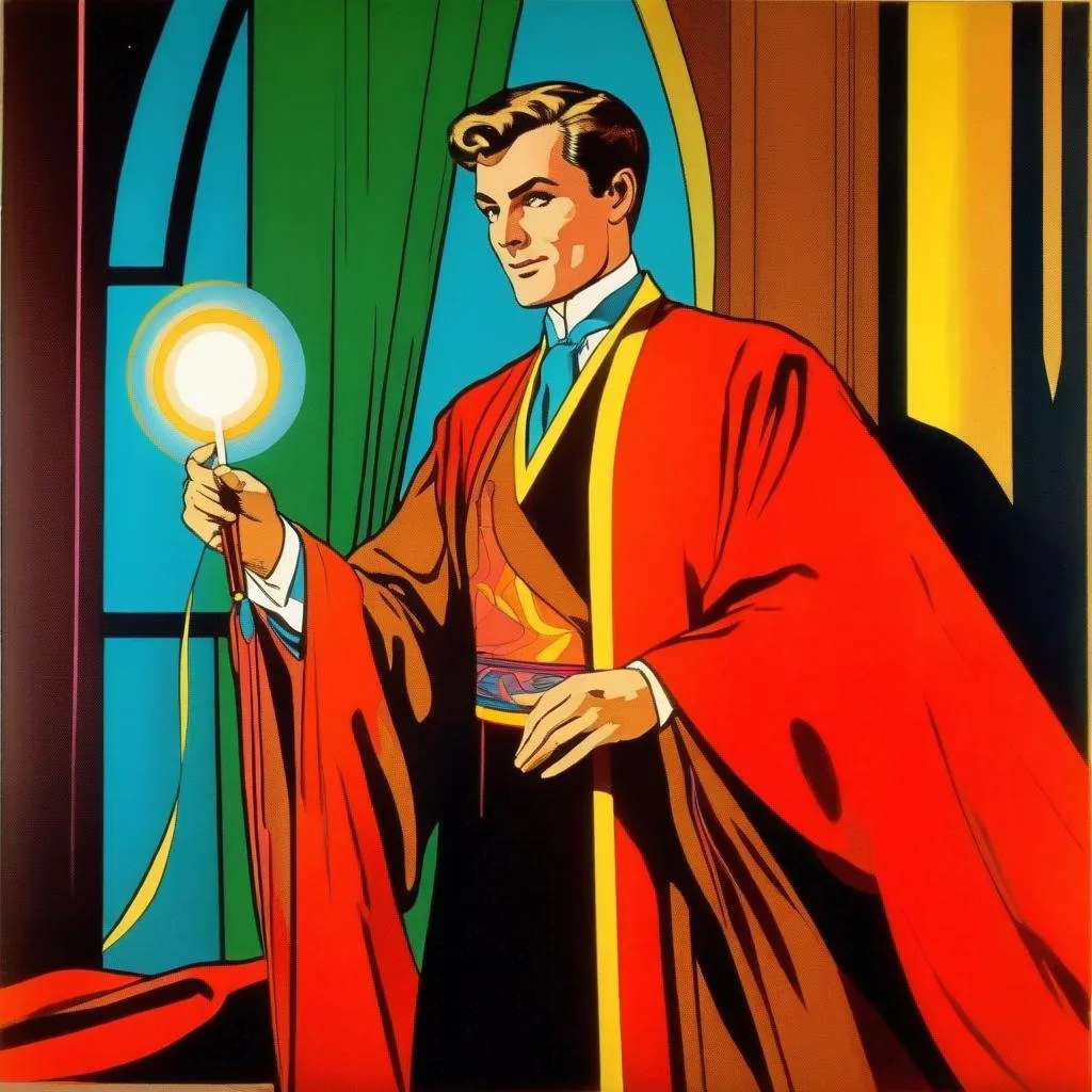 Prompt: Silk screen comic book illustration, male magician wearing a mage robe, very short brown hair, 1960s Soviet retrofuturism, full vivid colours, raypunk,