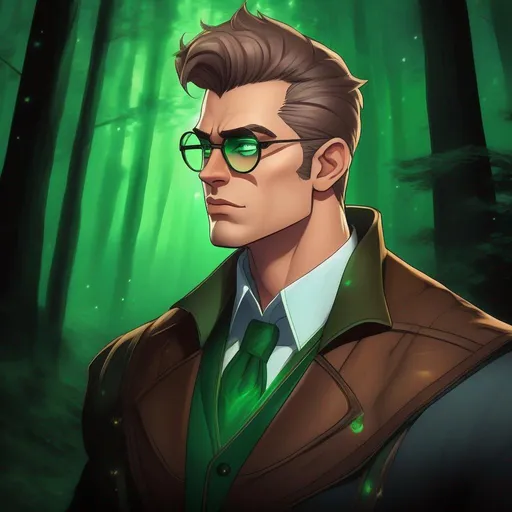 Prompt: highest quality anime art masterpiece, digital drawing, tall muscular bulky caucasian male sorcerer, wearing mage mantle, suideburns, very short brown slicked back pompadour undercut hair with shaved sides:vistani, wearing round glasses, green shades with emerald lenses, dark female makeup, melancholic, in a forest on a dark foggy night, big sad slant brown eyes, pale milky skin:2, waxing moon, round shaven face, broad cheeks, ethereal, trimmed face, highres, realistic, highly detailed, fantasy, european, irish, D&D, Ravenloft, by Ilya Kuvshinov