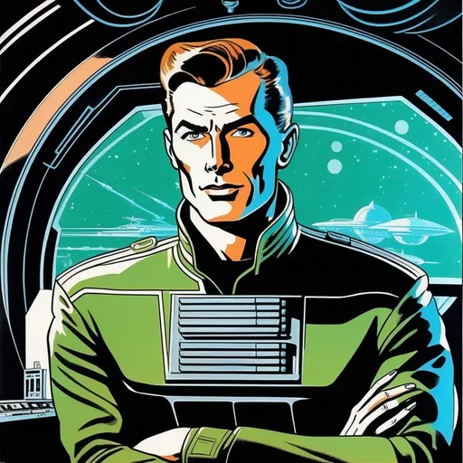 Prompt: Silk screen comic book illustration, of a muscled male with brown pompadour undercut, retro futuristic starship captain, green glowing eyes, smirking, black futuristic leather jackett, on smoky background, docking station, inside of a spaceship,  Well drawn face, detailed face,  1960s Soviet retrofuturism, 