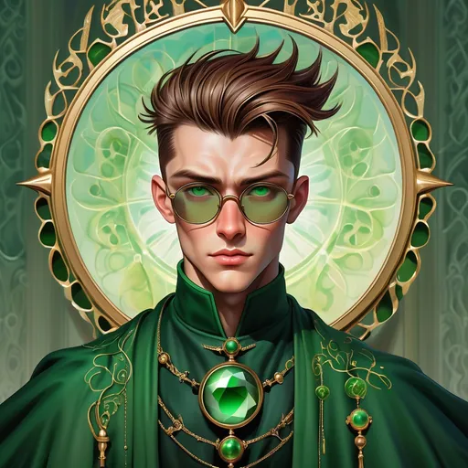 Prompt: a dynamic full body portrait of an irish adult beautiful handsome brown haired man, very short slicked back pompadour undercut with shaved sides and chestnut wisps, wearing a dark sorcerer mantle and round glasses, green mirror shades with emerald lenses round face, broad cheeks, dressed, muscular, intricate, sharp focus, in the style of Ivan Bilibin, Ernst Haeckel, Daniel Merriam, watercolor and ink