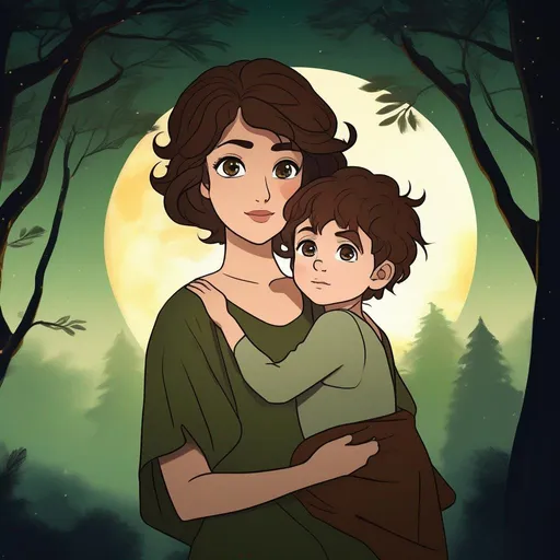 Prompt: highest quality anime art masterpiece, digital drawing, caucasian woman with very short brown thick wavy messy pixie hair:vistani, carrying a child in her arms, sad, in a forest on a dark foggy night, big green eyes, tanned skin:2, waxing moon, huge long wide broad hooked greek aquiline algerian oriental arabic nose, flat chest, ethereal, jewelry set, highres, realistic, highly detailed, fantasy, gypsy, roma, D&D, Ravenloft, by Ilya Kuvshinov