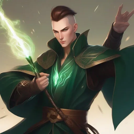 Prompt: A tall huge slender male mage in dark green armoured robes with runes, with very short extremely deep dark brown slicked back pompadour undercut with dark ginger highlights and shaved sides, very pale milky skin. He fights with a magic staff and makes magical lightning bolt beams, potions on his belt, soft feminine body features. Smooth skin, detailed, well drawn face. Rpg art. 2d art. 2d.