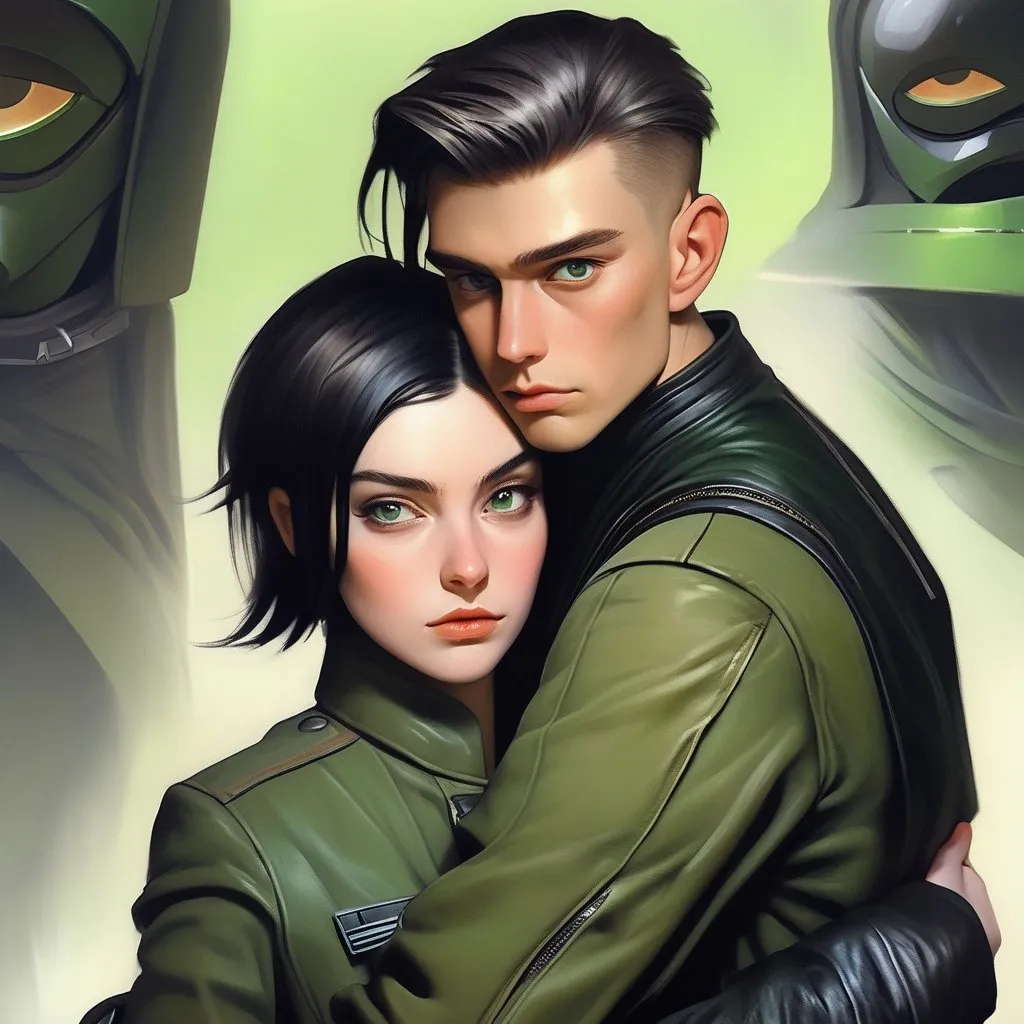 Prompt: A green skinned scifi green female with green skin, she has short black bob hair, well drawn green face, uniform, her skin is green, she has green skin. hugging with a Handsome caucasian male scifi pilot with very short slicked back (brown) pompadour undercut hair, fully dark entirely jet black leather jacket. green eyes, his skin is normal pale. detailed. star wars art. 2d art. 2d