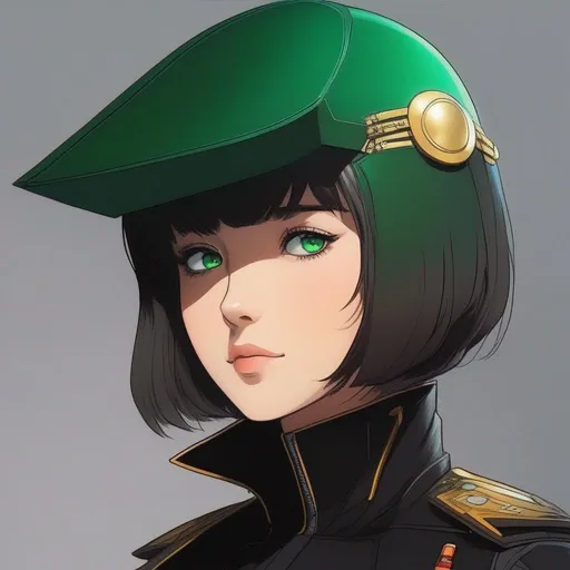 Prompt: Whole body. Full Figure, from distance. a Young noble woman in 22nd century, black scifi uniform. Cute. short chetnut pixie hairs. emerald eyes. Akira art. Anime art. Captain Harlock art. Leiji Matsumoto art. 2d art. 2d. well draw face. detailed.