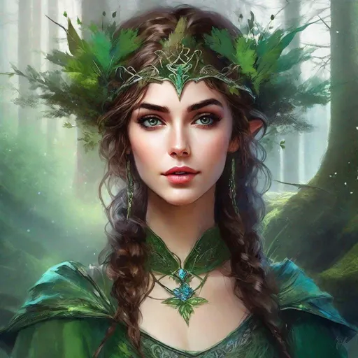 Prompt: fantasy book cover, a dark chesnut haired elven princess with brown highlights in her very extremely er long short messy curly pixie hair, elf fae, tall and willowy and pretty, soft freckles, big large green eyes, pointed ears, intricate blue and green gown, pointy elvish ears, iron palace gray metal, landscape beautiful pine forest, Carne Griffiths, Michael Garmash, Frank Frazetta, Castle Background, Victo Ngai, Detailed, Vibrant, Sharp Focus, Character Design, Wlop, Kuvshinov, Character Design, TXAA, 32k, Highly Detailed, Dynamic Pose, Intricate Motifs, Organic Tracery, Perfect Composition, Digital Painting, Artstation, Smooth, Sharp Focus, Illustration, hyperdetailed, greg rutkowski