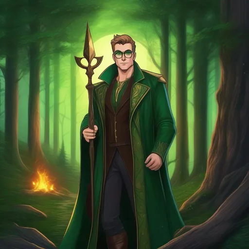 Prompt: highest quality anime art masterpiece, digital drawing, tall muscular bulky caucasian male sorcerer, wearing mage mantle, suideburns, very short brown slicked back pompadour undercut hair with shaved sides:vistani, wearing round glasses, green shades with emerald lenses, dark female makeup, melancholic, in a forest on a dark foggy night, big sad slant brown eyes, pale milky skin:2, waxing moon, round shaven face, broad cheeks, ethereal, trimmed face, highres, realistic, highly detailed, fantasy, european, irish, D&D, Ravenloft, by Ilya Kuvshinov