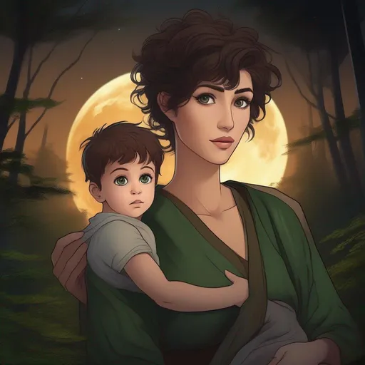 Prompt: highest quality anime art masterpiece, digital drawing, caucasian woman with very short brown thick wavy messy pixie hair:vistani, carrying a child in her arms, sad, in a forest on a dark foggy night, big green eyes, tanned skin:2, waxing moon, huge long wide broad hooked greek aquiline algerian oriental arabic nose, flat chest, ethereal, jewelry set, highres, realistic, highly detailed, fantasy, gypsy, roma, D&D, Ravenloft, by Ilya Kuvshinov