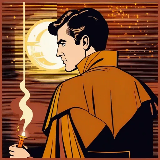 Prompt: Silk screen comic book illustration, male magician wearing a mage robe, extremely short brown hair, 1960s Soviet retrofuturism, saturated raypunk aesthetic,