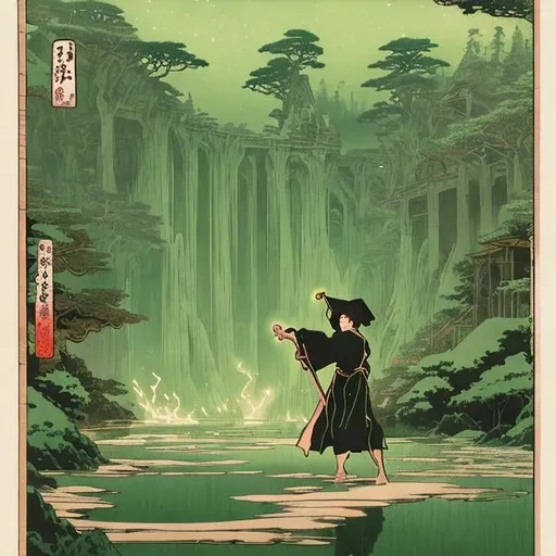 Prompt: light aged green paper::3 tarot card::2 a young caucasian sorcerer with short brown hair wearing mage robes with a wizard staff::3 next to pond::3 by Hokusai and James Gurney, trending on artstation::3 incredible desaturated black and green ink illustration::4 —ar 9:21