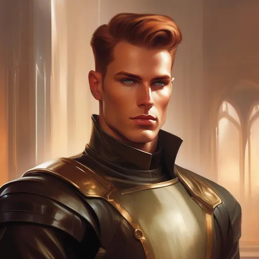 Prompt: A masculine scifi european cyborg soldier. very short bright brown slicked back pompadour undercut hair with shawed sides and light chestnut highlights, round face, broad cheeks, glowing eyes, wearing a black retro futuristic leather jackett with borg armour underneath, artgerm greg rutkowski mucha