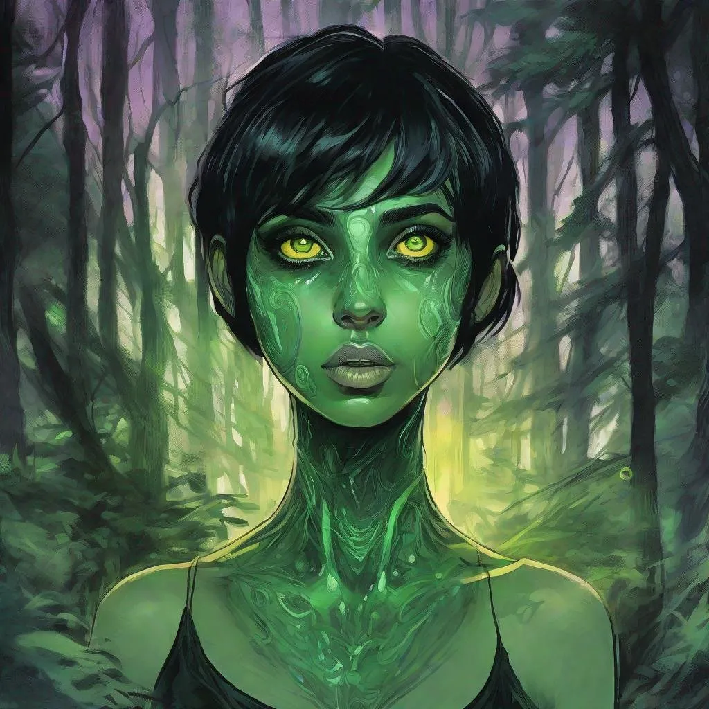 Prompt: a beautiful green skinned girl, black short hair, big yellow eyes, huge long big hooked aquiline arabian nose, green skin, with emerald skin colour, black T-shirt , standing in a forest at night, fear , biomorphic , muted pastel colors palette, by  Callie Fink, SIYA OUM, GIGER, Datamoshing , Vaporware, ink wash painting, aesthetic , centered, 16k, HQ, perspective ,insanely detailed and intricate, hyper realistic, cgsociet, dynamic pose