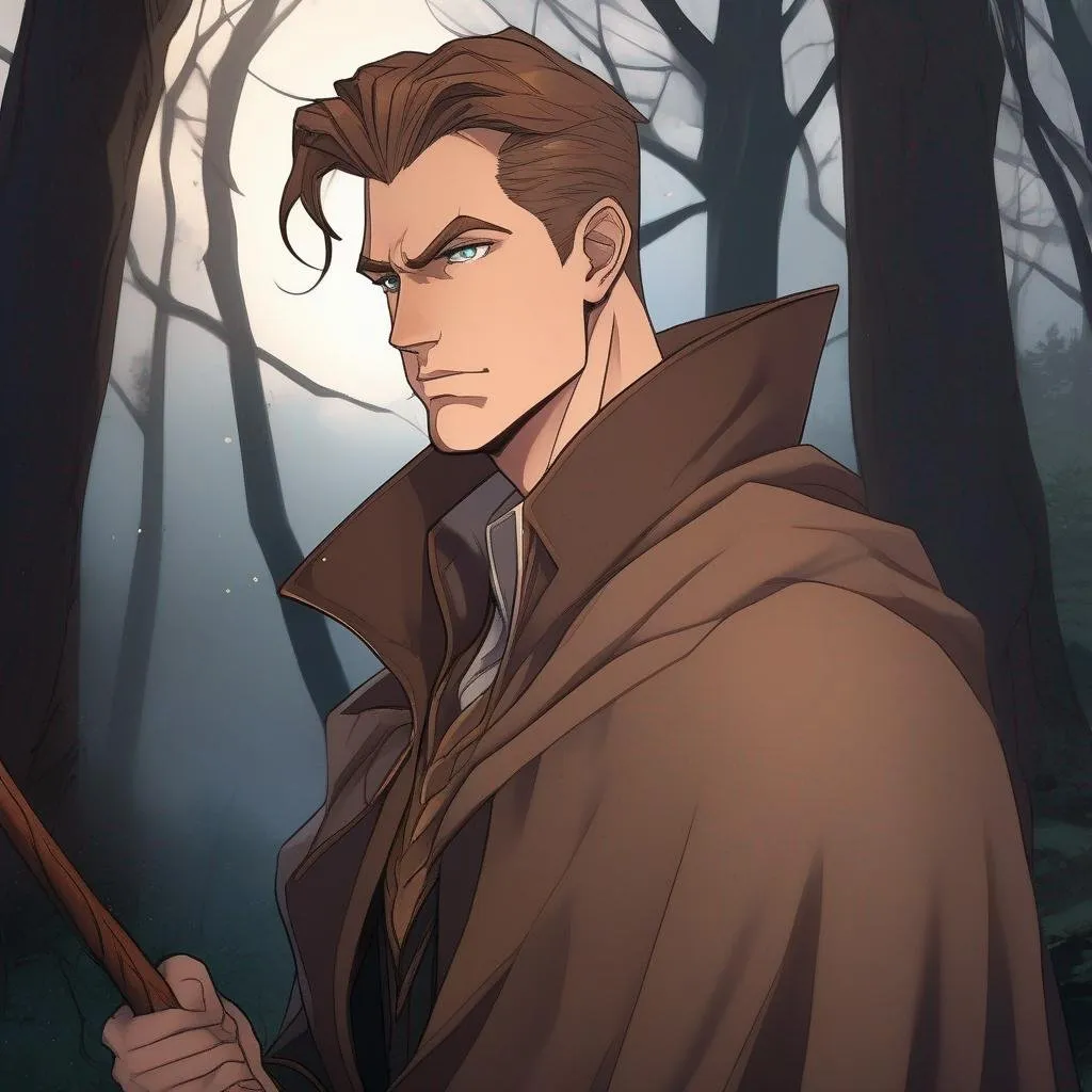 Prompt: close up, highest quality anime art masterpiece, digital drawing, tall muscular bulky caucasian male sorcerer with a staff wearing mantle, with freckles very short brown slicked back pompadour undercut hair with shaved sides:vistani, melancholic, in a forest on a dark foggy night, big sad slant brown eyes, pale milky skin:2, waxing moon, round shaven face, broad cheeks, ethereal, trimmed face, highres, realistic, highly detailed, fantasy, european, irish, D&D, Ravenloft, by Ilya Kuvshinov