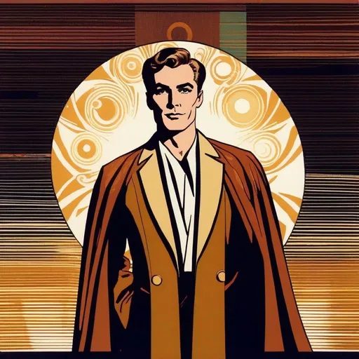Prompt: Silk screen comic book illustration, male magician wearing a mage robe, extremely short brown hair, 1960s Soviet retrofuturism, saturated raypunk aesthetic,